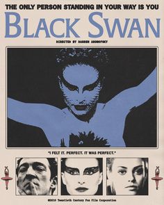 an advertisement for the movie black swan, with three images of men in blue and white