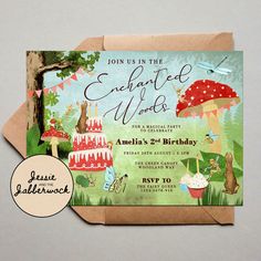 an image of a birthday party with cake and animals in the woods on it's card