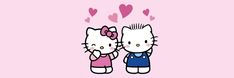 two hello kitty wallpapers with hearts flying in the air and one is kissing