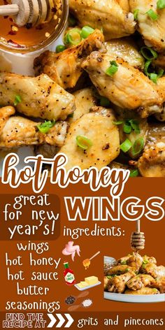 a poster with the words hot honey wings on it and an image of chicken wings