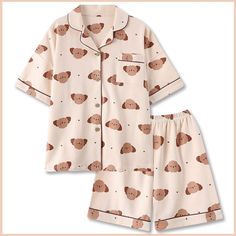 Pajamas Women Korean, Cute Pyjamas Korean, Korean Pajamas Shorts, Pajamas Aesthetic Shorts, Cute Sleepwear Korean, Cute Pjamamas, Pjamamas Outfit, Brown Pjs, Korean Pijama