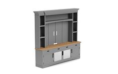 a gray cabinet with two doors and drawers on top of it, in front of a white background