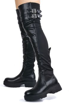 Elevate your look in this chunky lug sole over the knee boot! Featuring faux leather, stretch material and buckle thigh straps. Fits true to size for most Imported Knee-high Heeled Boots With Lug Sole, Platform Thigh High Boots, Leather Knee-high Boots With Lug Sole, Thigh Straps, Knee-high Synthetic Boots With Lug Sole, Knee Boots Black, Medium Width Knee-high Boots With Lug Sole, Black Wide Calf Knee-high Boots With Buckle Closure, Bootie Sandals