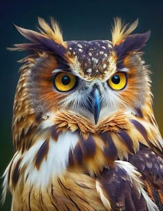 an owl with yellow eyes and brown feathers