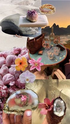 a collage of photos with flowers, shells and other things in them on the beach