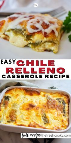 Long pin with two images, top image of close up of chile relleno casserole slice with melting cheese and bottom image of chile relleno casserole in white dish golden and baked. Chile Relleno Casserole Recipe, Chili Relleno Casserole, Relleno Casserole, Chile Relleno Casserole, Chili Relleno, Puffy Clouds, Easy Chili, Ground Beef Casserole, Gooey Cheese