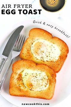 two pieces of toast with an egg in the middle on a plate next to a cup of coffee