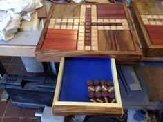 several pieces of wood sitting on top of a table