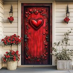 a red door with a heart painted on it and some potted flowers in front