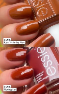 A complete comparison of Essie Playing Koi vs Row With the Flow with swatches - two beautiful warm brown and terracotta nail polish colors for the fall! - - - - - best essie fall nail polish colors - essie playing koi swatches - essie row with the flow swatches - essie row with the flow vs playing koi comparison - best essie nail polish colors - essie brown nail polish colors - fall nails ideas - warm brown nails ideas - terracotta nail polish swatches Essie Brown, Brown Nails Ideas, Essie Nail Polish Fall, Mint Green Nail Polish, Drugstore Nail Polish, Fall Nail Polish Colors, Best Nail Polish Brands, Essie Nail Polish Colors, Revlon Nail Polish