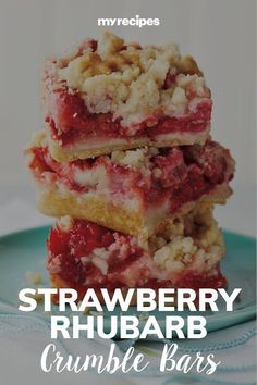 strawberry rhubarb crumble bars stacked on top of each other