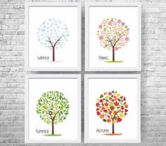 four colorful trees with the words winter, spring and autumn on them