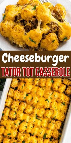 cheeseburger tater tot casserole in a white baking dish