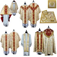 Solemn set Made of high-quality brocade fabric. Decorated with high-quality orphrey belts and applications with liturgical embroidery. Finished with patterned decorative trim. The set includes: - Roman cope with stole - Two chasubles with stole - Maniple, bursa and chalice veil - Humeral veil - Chalice pall It is possible to adjust the size of particular elements of the set to individual needs. HIGH QUALITY PRODUCT Luxury Gold Traditional Chasuble, Catholic Vestments, Priest Outfit, Priest Stole, Burgundy And Gold, Decorative Trim, Orthodox Icons, Brocade Fabric, Gothic Style