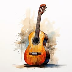 an acoustic guitar sitting on top of a wooden floor next to a white wall with paint splatters