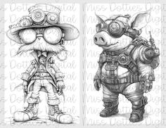 two drawings of characters from the video game ratty, one with goggles on