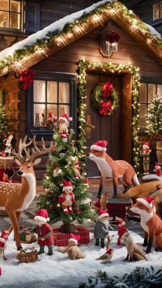 a christmas scene with deers and other holiday decorations