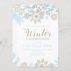 the winter celebration card is shown with gold and blue snowflakes