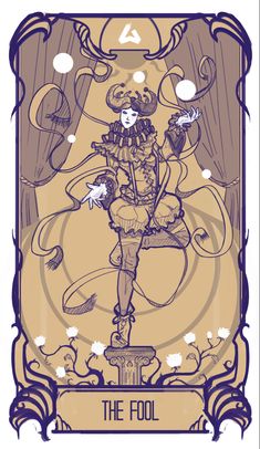 the fool tarot card is shown in purple