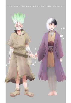 two anime characters are standing next to each other, one is holding the hand of another character