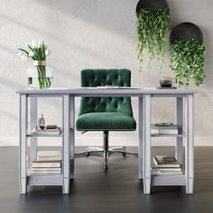 a green chair sitting in front of a desk with books and plants on top of it