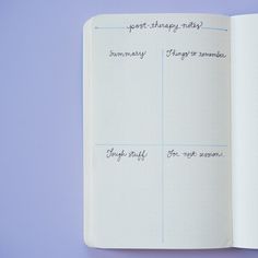 an open book with writing on it and the pages lined up in blue paper, against a purple background