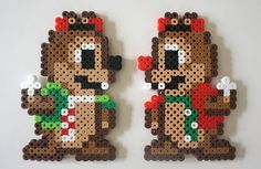 two pieces of perler bead art made to look like cartoon characters