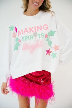 MAKING SPIRITS BRIGHT WHITE PULLOVER PULLOVER Judith March Mistletoe Print, Tacky Christmas Party, Star Patches, Tacky Christmas, Making Spirits Bright, White Pullover, Blue Pullover, White P, Festival Tops