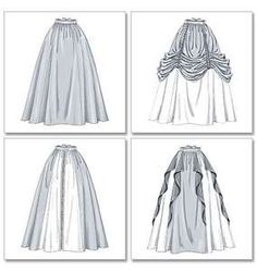 four different styles of wedding gowns, with the skirt pulled back and side pleating