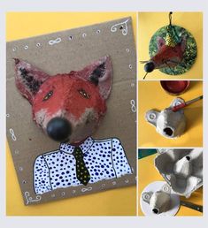 four different pictures of paper mache animals and one is wearing a shirt and tie