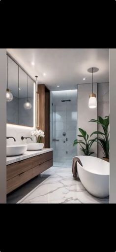 a large bathroom with two sinks and a bathtub