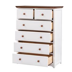 a white dresser with four drawers and two brown handles