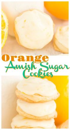 orange and white sugar cookies are stacked on top of each other