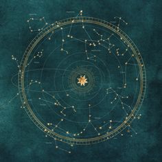 the star chart is shown in gold on a dark green background, with stars all over it