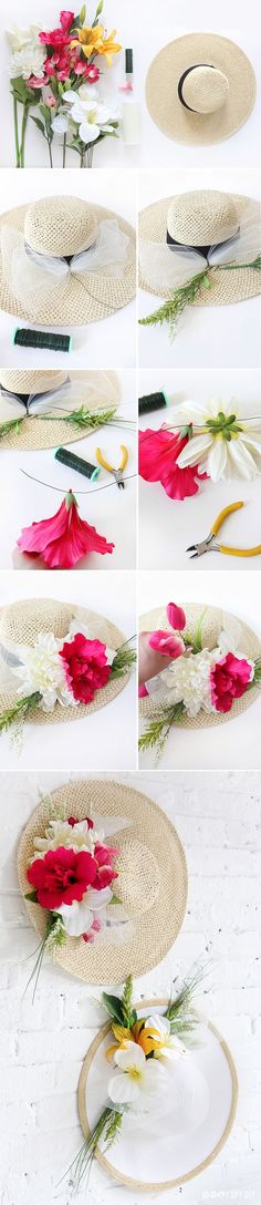 the steps to make a straw hat with flowers on it are shown in several different ways