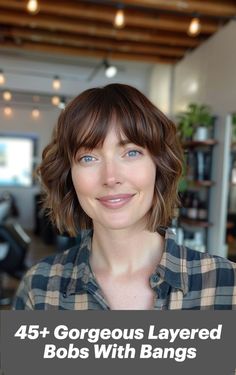 Woman with a layered bob haircut featuring bangs, styled for volume and texture Layered Bob With Bangs, Layered Bobs, Chin Length Bob, Short Bangs, Bob With Bangs, Wispy Bangs, Layered Bob, Side Bangs, Hair Density