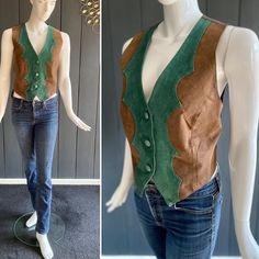 Vintage 70s vest in brown and green suede with light synthetic fabric back decorated with an adjustment tab; short cut at the back and pointed at the front. Deep V-neck, matching green suede buttonhole. DooWop is a fan of this folk/hippie/boho piece typical of the era. Worn but good vintage condition, we can however notice darker areas around the bottom buttons in certain light, see last image. Jeans not included in the sale. Ideal Size 40/42/M, it is adjusted to the model which is a 36/38, plea Fitted Green Vest For Fall, Vintage Green Vest For Spring, Vintage Green Vest For Fall, Green Vintage Vest For Fall, Retro Green Spring Vest, 70s Vest, Boho Vest, 70s Boho, Green Suede