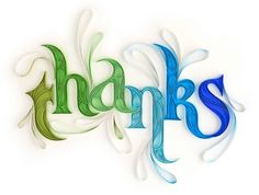 the word thanks written in colorful swirls on a white background with green and blue letters