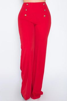 -Solid Color -Full Length Pants w/ a Flare Style -High Waist -Wide Legs -Button Detail Front -Some Stretch Red High-waisted Elastane Bottoms, Red Stretch High-waisted Dress Pants, Red High-waist Bottoms With Button Closure, Red Stretch Wide-leg Bottoms, Red Full-length Elastane Pants, Button Pants, Romper With Skirt, Curvy Outfits, New Arrival Dress