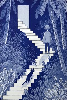 a drawing of a person walking up some stairs with a cat in the foreground