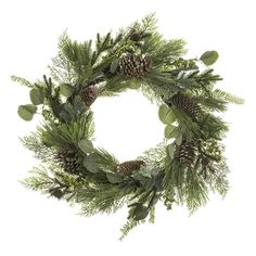 a green wreath with pine cones and greenery