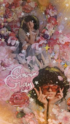 an artistic collage with flowers, stars and a woman holding her hand up to her face