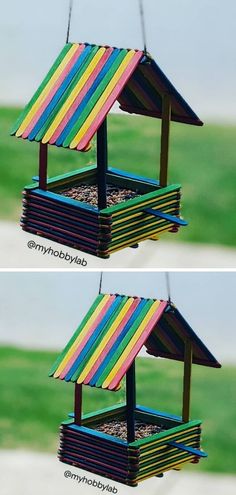 two different views of a bird house made out of strips of colored paper