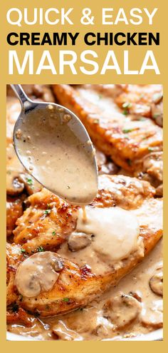 chicken marsala with mushrooms and sauce is being spooned over the top in a white bowl