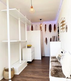 a room that has some shelves and lights in it with feathers hanging on the wall