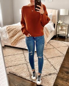 Instagram Lately | MrsCasual Sweater Jeans Tennis Shoes Outfit, Jeans With Sneakers Outfit Winter, Sweater And Sneakers Outfit, Sweater With Sneakers Outfit, Sweater Jeans Sneakers Outfit, Ripped Jeans Sweater Outfit, Chunky Knit Sweater Jeans, Casual Slouchy Cropped Sweater, Espadrilles Outfit