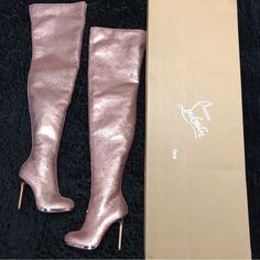 These Boots Are Lady Gaga Worthy And Stage Ready! Brand New In Box With Original Dust Bags. Size 37. I Purchased These Right Before “C” Lockdowns For My Bottle Service Night Club Bday Party And Just Never Wore Them. They Are The Most Beautiful Pair Of Cl Boots I’ve Ever Seen. Luxury Thigh-high Heeled Boots For Party, Luxury Thigh High Heeled Boots, Luxury Thigh High Heeled Boots For Party, Pink Leather Knee-high Boots For Party, Pink Leather Knee-high Boots With Pointed Toe, Luxury Thigh High Boots For Evening, Luxury Thigh High Evening Boots, Luxury Thigh High Heeled Boots For Formal Occasions, Elegant Pink Heeled Boots With Round Toe