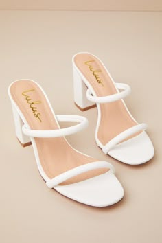 White High Heel Sandals - Dual Strap Heels - Open Toe High Heels - Lulus Ladies Heel Shoes, Cute Shoes For Prom, Small Chunky Heels, Cute Hoco Heels, Hoco Shoes Short Heels, White Hoco Heels, White Heels Short, Short White Heels, Shoes For Hoco