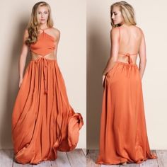 Gorgeous Soft Flowing Maxi Dress With Figure Flattering Cutouts. Make A Statement Every Time You Slip It On. 100% Polyester. Runs True To Size. Color Is A Burnt Orange. Brand New. Orange Backless Sundress, Flowy Backless Casual Dress, Long Dress With Tie Back For Day Out, Casual Flowy Backless Dress, Day Out Long Dress With Tie Back, Maxi Length Dress With Tie Back For Day Out, Maxi Dress With Tie Back For Day Out, Casual Maxi Dress With Tie Back For Parties, Orange Backless Dress For Spring