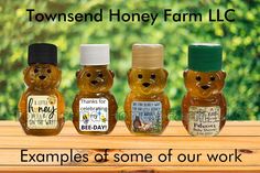 three honey jars with the words, townsend honey farm llc examples of some of our work